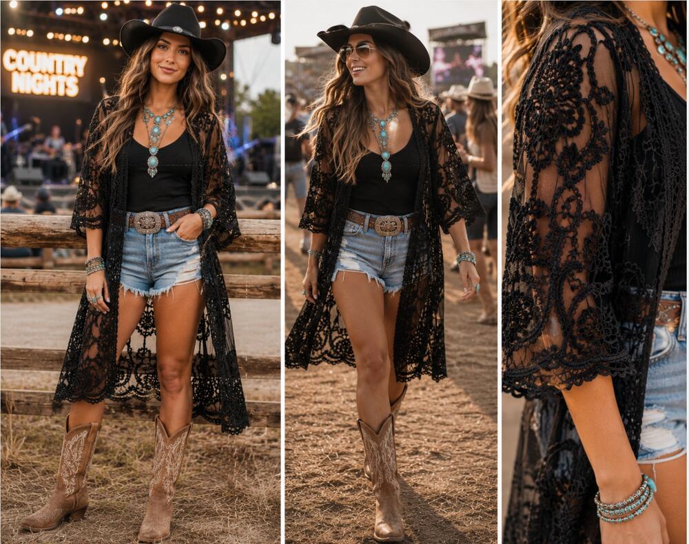 Favlux Black Lace Kimono Cardigan Western Boho Country Concert Festival Cover L
